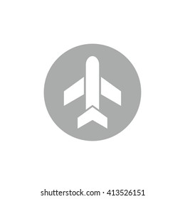 White airplane vector icon. Gray circle. Gray button