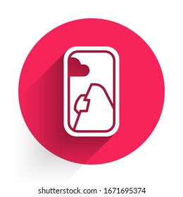 White Airplane window icon isolated with long shadow. Aircraft porthole. Red circle button. Vector Illustration