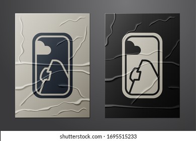 White Airplane window icon isolated on crumpled paper background. Aircraft porthole. Paper art style. Vector Illustration