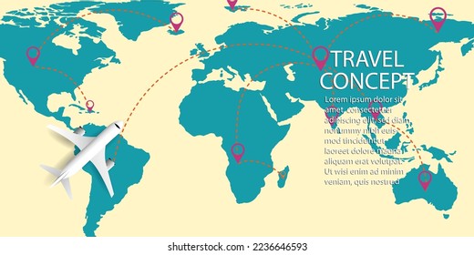 White Airplane  world map with direction sign  location pin coppy space for text Vector illustration,Business Travel summer holiday Concept