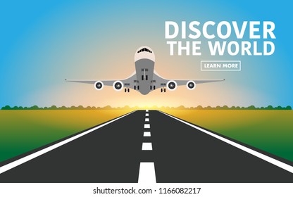 The white airplane(plane) is landing or taking off from the airport with clear blue sky with sunshine with text Discover the world in copy space