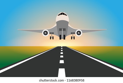 The white airplane(plane) is landing or taking off from the airport with clear blue sky with sunshine