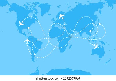 White airplanes and lines of air routes on a blue world map. Vector illustration