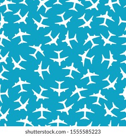 White airplanes on the blue sky background seamless pattern vector illustration. Endless texture on aircraft topic can be used for wallpaper, pattern fills and web page's.
