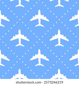 White airplanes silhouettes on blue dotted background. Vector seamless pattern.