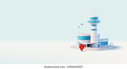 Edificio blanco del aeropuerto, icono rojo de la ubicación, 3D. Anuncio para publicitar un moderno aeropuerto de la ciudad, infraestructura desarrollada, transporte, negocios y viajes. Vector