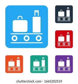White Airport conveyor belt with passenger luggage, suitcase, bag, baggage icon isolated on white background. Set icons in color square buttons. Vector Illustration