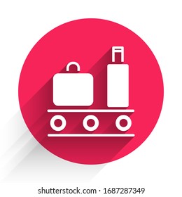 White Airport conveyor belt with passenger luggage, suitcase, bag, baggage icon isolated with long shadow. Red circle button. Vector Illustration