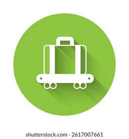 White Airport conveyor belt with passenger luggage, suitcase, bag, baggage icon isolated with long shadow background. Green circle button. Vector