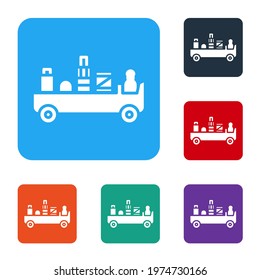 White Airport luggage towing truck icon isolated on white background. Airport luggage delivery car. Set icons in color square buttons. Vector Illustration