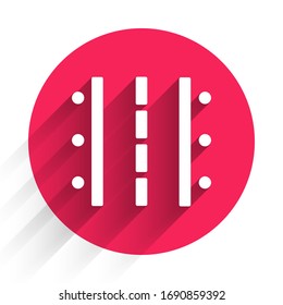 White Airport runway for taking off and landing aircrafts icon isolated with long shadow. Red circle button. Vector Illustration