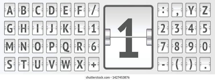 White airport terminal mechanical score board font for flight destination or arrival info showing. Vector illustration. Airline flip board alphabet to display departure information and timetable.