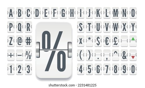 White airport terminal mechanical scoreboard font with numbers for stock exchange rates info declaration. Retro vector flip board alphabet to display finance information on white background.