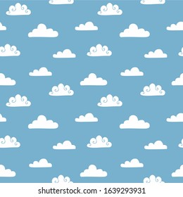 White, airy, curly clouds on a blue sky. Geometric seamless pattern in scandinavian style, vector. for printing on children's clothing, textiles, wallpaper in the room.