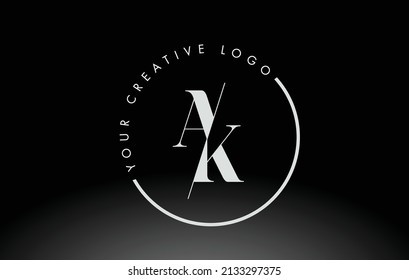 White AK Letter Logo Design with Creative Intersected and Cutted Serif Font.