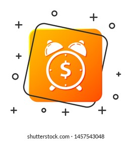 White Alarm clock with dollar symbol icon isolated on white background. Time is money. Effective time management. Business concept. Orange square button. Vector Illustration