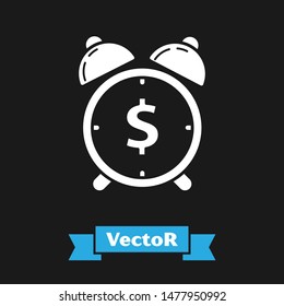White Alarm clock with dollar symbol icon isolated on black background. Time is money. Effective time management. Business concept.  Vector Illustration