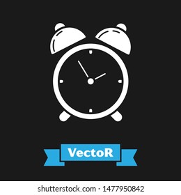 White Alarm clock icon isolated on black background. Wake up, get up concept. Time sign.  Vector Illustration