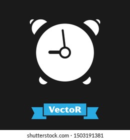 White Alarm clock icon isolated on black background. Wake up, get up concept. Time sign.  Vector Illustration