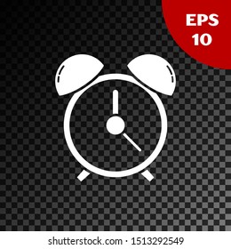 White Alarm clock icon isolated on transparent dark background. Wake up, get up concept. Time sign.  Vector Illustration