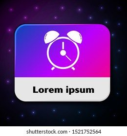 White Alarm clock icon isolated on black background. Wake up, get up concept. Time sign. Rectangle color button. Vector Illustration