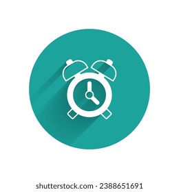 White Alarm clock icon isolated with long shadow. Wake up, get up concept. Time sign. Green circle button. Vector