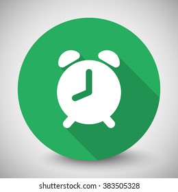 White Alarm Clock icon with long shadow on green circle