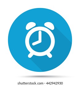 White Alarm Clock icon on blue button isolated on white