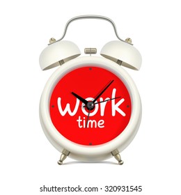 Reloj de alarma blanca con la cara roja del reloj, con la inscripción "tiempo de trabajo", sin figuras, sobre fondo blanco