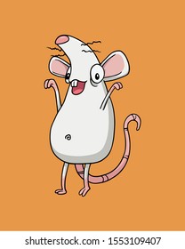 White albino happy rat or mouse staying on two feet and cheerfully raising arms. Vector Illustration isolated on flat orange background for kids book or for chinese new year of the rat. For children