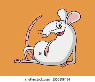 White albino rat or mouse lying on the side on the ground and smiling. Vector Illustration isolated on flat orange background for kids book or for chinese new year of the rat. For children