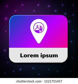 White Alcohol or beer bar location icon isolated on black background. Symbol of drinking, pub, club, bar. Rectangle color button. Vector Illustration