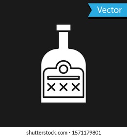 White Alcohol drink Rum bottle icon isolated on black background.  Vector Illustration
