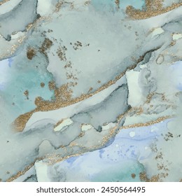 White Alcohol Ink Canvas. Metal Alcohol Ink Background. Green Marble Watercolor. Foil Water Color Marble. Gold Ink Paint. Fluid Seamless Glitter. Blue Seamless Background. Vector Abstract Template.
