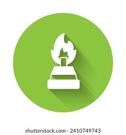 White Alcohol or spirit burner icon isolated with long shadow background. Chemical equipment. Green circle button. Vector