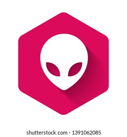 White Alien icon isolated with long shadow. Extraterrestrial alien face or head symbol. Pink hexagon button. Vector Illustration