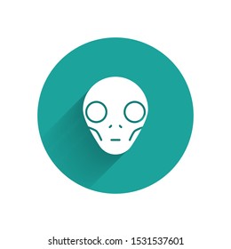 White Alien icon isolated with long shadow. Extraterrestrial alien face or head symbol. Green circle button. Vector Illustration