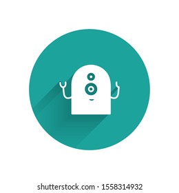 White Alien icon isolated with long shadow. Extraterrestrial alien face or head symbol. Green circle button. Vector Illustration