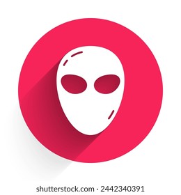 White Alien icon isolated with long shadow. Extraterrestrial alien face or head symbol. Red circle button. Vector