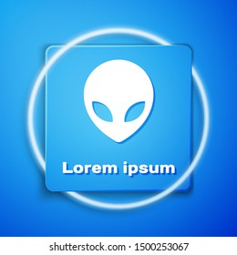 White Alien icon isolated on blue background. Extraterrestrial alien face or head symbol. Blue square button. Vector Illustration