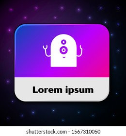 White Alien icon isolated on black background. Extraterrestrial alien face or head symbol. Rectangle color button. Vector Illustration