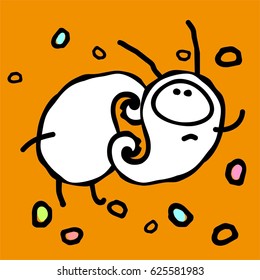 white alien and snail in colored clouds on orange background