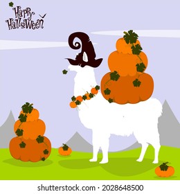 A white alpaca in a black Halloween hat and beads made of pumpkins and green leaves. A llama carries a mountain of orange pumpkins on his back to decorate the house. Stylized inscription "Happy Hallow