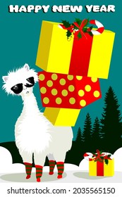 A White Alpaca Llama Wearing Black Sunglasses. A Mountain Of Gifts. A Sprig Of Holly, A Lollipop, A Red Santa Claus Hat. Ice Skating On The Ice, A Sunny Day. Silhouettes Of Tall Trees, Christmas Trees