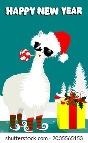 A White Alpaca Llama Wearing Black Sunglasses. A Mountain Of Gifts. A Sprig Of Holly, A Lollipop, A Red Santa Claus Hat. Ice Skating On The Ice, A Sunny Day. Silhouettes Of Tall Trees, Christmas Trees