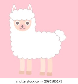 White alpaca on pink background.Cute Llama.Lama animal.Funny hand drawn.Flat design nursery, poster or greeting card.Sign, symbol, icon or logo isolated.Cartoon vector illustration.