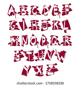 White alphabet on red marker strokes. Vector hand drawings, design elements for posters, logos, advertising, templates, patterns, banners. White isolated background. English ABC. Negative space.