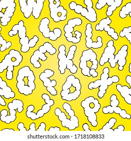 White alphabet seamless pattern in the form of clouds on a yellow background.Vector pattern. Children's and cartoon style.