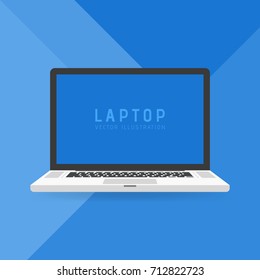 The white aluminium laptop on a blue material design background in flat style. Vector illustration. Web banner template.