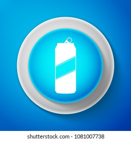 White Aluminum can icon isolated on blue background. Circle blue button with white line. Vector Illustration